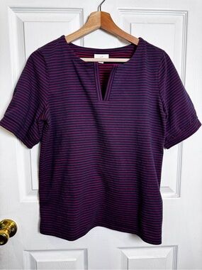 J. Jill Navy & Red Striped Split Neck 100% Cotton Top Size Small Petite